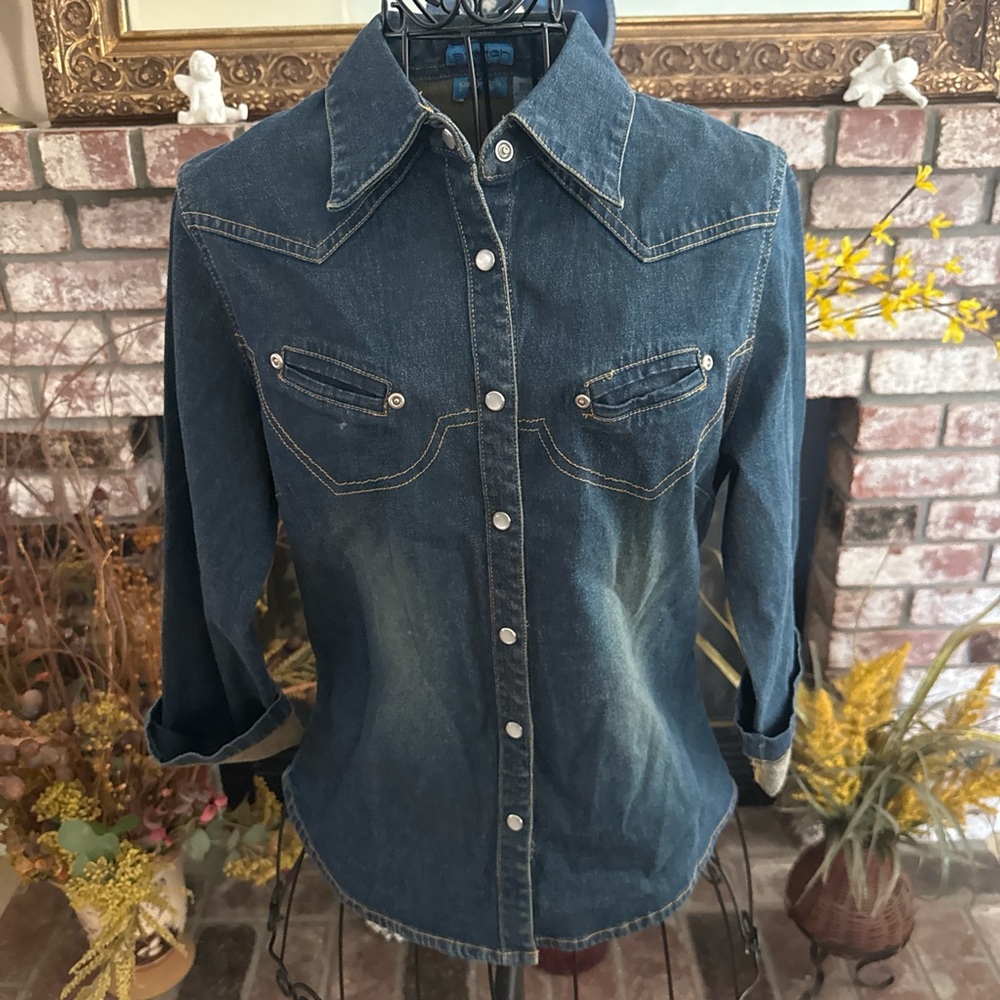 Y2K Denim Western Button Down 3/4 Sleeve Top